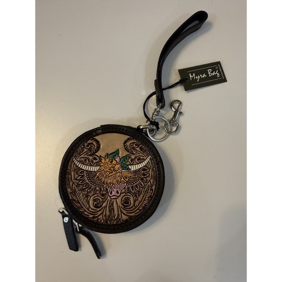 Myra Bag Handbags - NWT Myra Bag Hand Tooled Leather Highland Cow Round Coin Purse Wristlet Keychain
